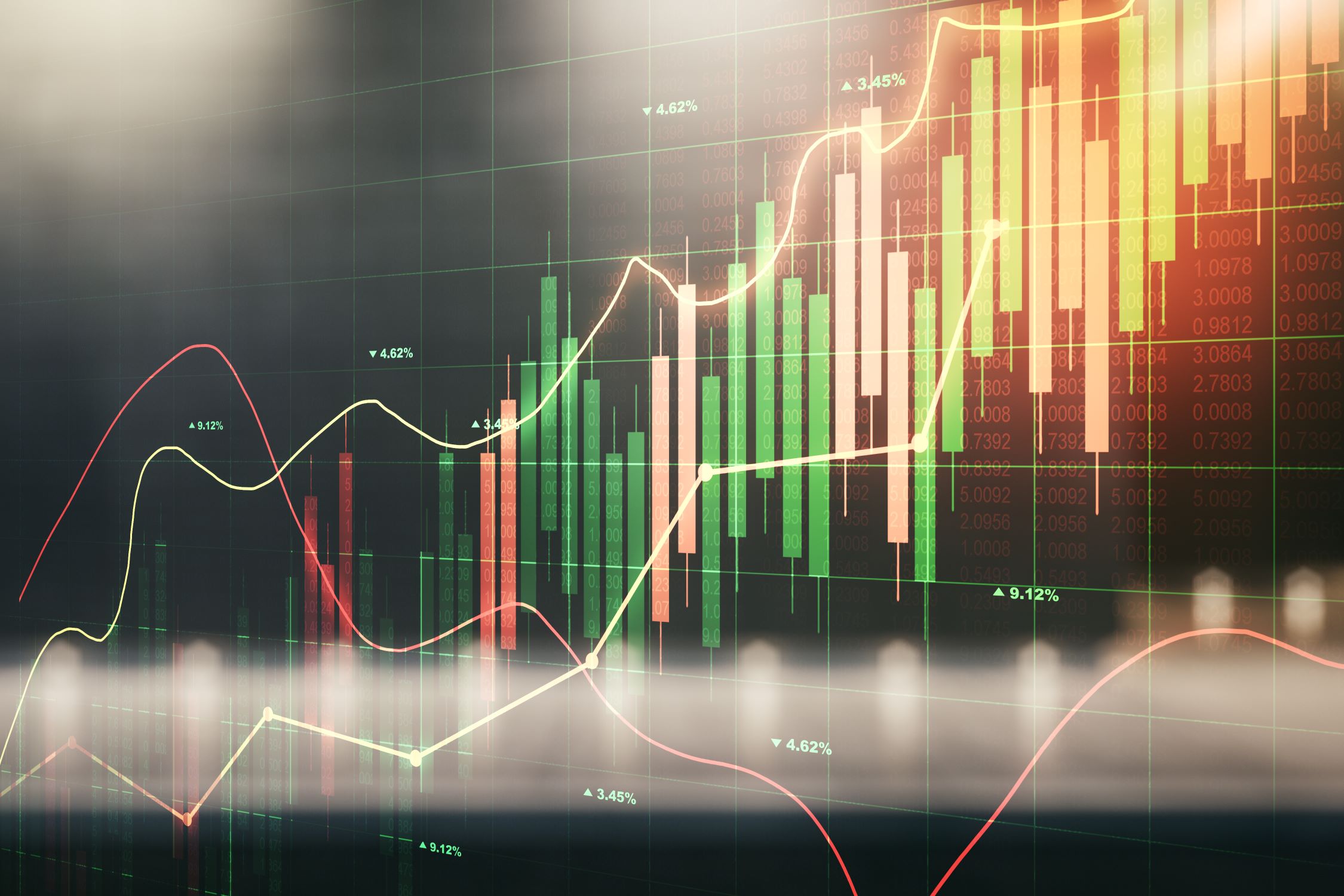 Double exposure of abstract creative financial chart hologram on modern business center exterior background, research and strategy concept